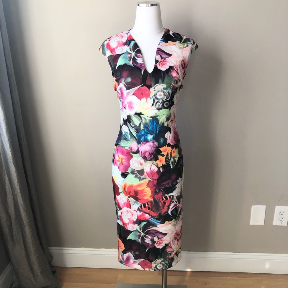 Ted Baker London Floral Midi Dress in Black with Multicolor Floral Print